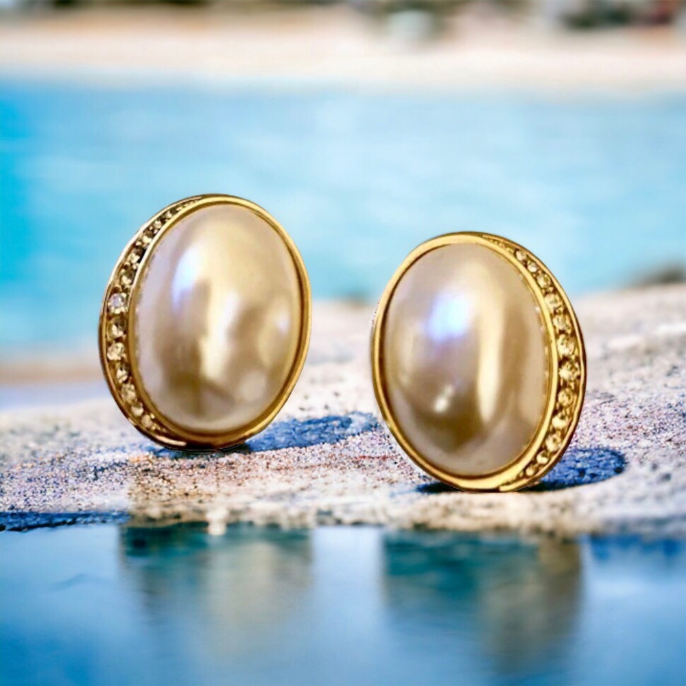 Richelieu Vintage Clip Earrings Oblong Faux Baroque Pearl + Rhinestones